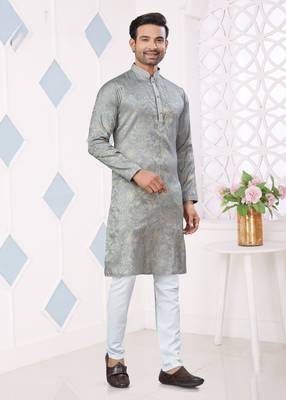 Grey jacquard silk pintex,weaving jacquard designer ethnic festive wear men's kurta payjama 3