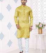 Yellow jacquard silk pintex,weaving jacquard designer ethnic festive wear men's kurta payjama