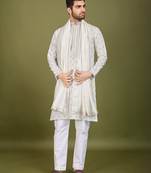 White viscose silk designer thread and sequins embroidery work men's kurta with dupatta