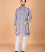 Grey viscose silk designer thread and sequins embroidery work men's kurta with dupatta