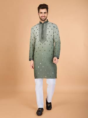 Omber green viscose silk ethnic embroidered men's partywear kurta 1
