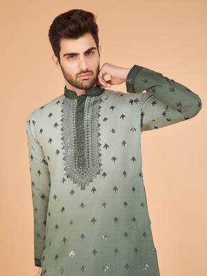 Omber green viscose silk ethnic embroidered men's partywear kurta 3