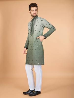 Omber green viscose silk ethnic embroidered men's partywear kurta 5