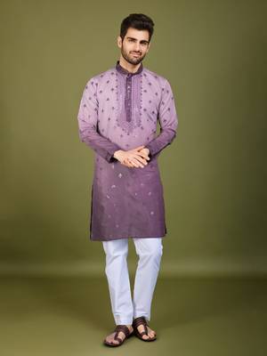 Omber purple viscose silk ethnic embroidered men's partywear kurta 1