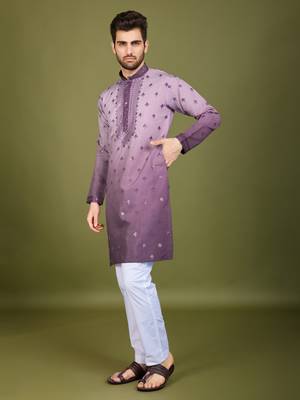 Omber purple viscose silk ethnic embroidered men's partywear kurta 4