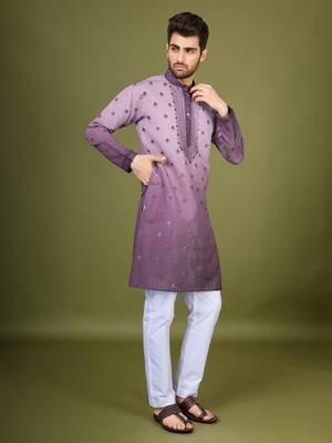 Omber purple viscose silk ethnic embroidered men's partywear kurta 5