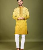 Omber yellow viscose silk ethnic embroidered men's partywear kurta