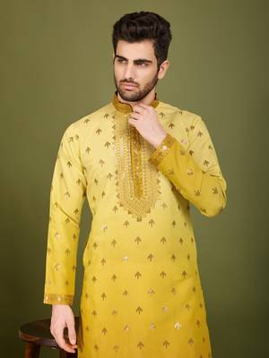 Omber yellow viscose silk ethnic embroidered men's partywear kurta 3