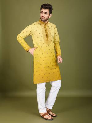 Omber yellow viscose silk ethnic embroidered men's partywear kurta 5