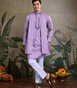 Purple viscose silk fabric woven and mirror embroidery work men's kurta with dupatta