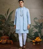 Sky blue viscose silk fabric woven and mirror embroidery work men's kurta with dupatta