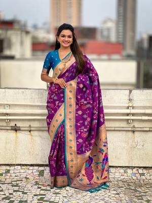 Purple soft silk blend wevon paithani meenakari ceremonial saree 1