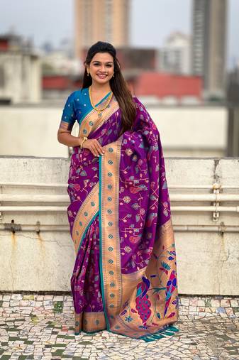 Purple soft silk blend wevon paithani meenakari designer ceremonial saree