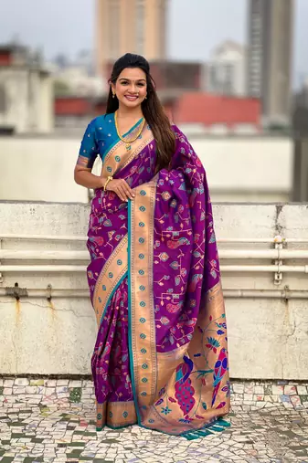 Purple soft silk blend wevon paithani meenakari designer ceremonial saree