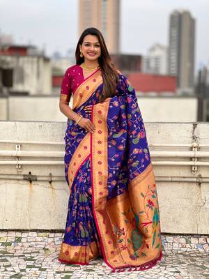 Blue soft silk blend wevon paithani meenakari ceremonial saree 1