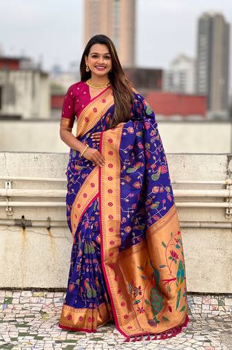 Blue soft silk blend wevon paithani meenakari designer ceremonial saree