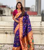 Blue soft silk blend wevon paithani meenakari ceremonial saree