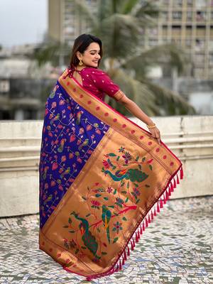 Blue soft silk blend wevon paithani meenakari ceremonial saree 2