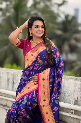 Blue soft silk blend wevon paithani meenakari ceremonial saree