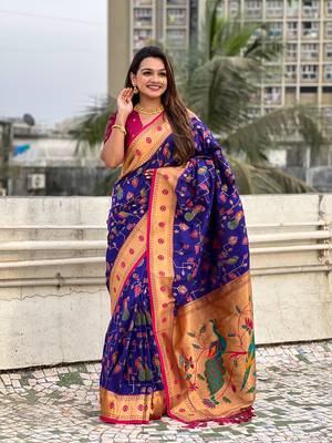 Blue soft silk blend wevon paithani meenakari ceremonial saree 4