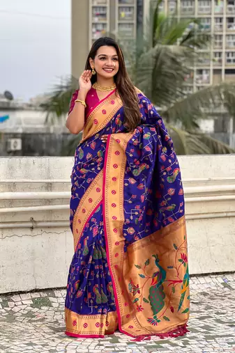 Blue soft silk blend wevon paithani meenakari ceremonial saree