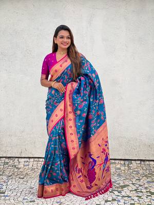 Firozi soft silk blend wevon paithani meenakari ceremonial saree 1