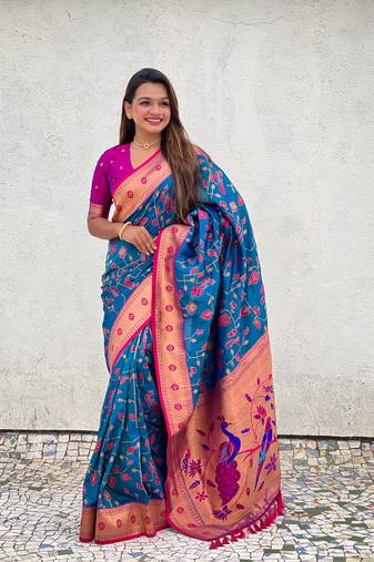 Firozi soft silk blend wevon paithani meenakari designer ceremonial saree