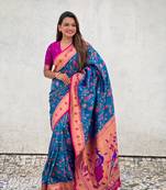 Firozi soft silk blend wevon paithani meenakari ceremonial saree