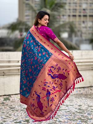 Firozi soft silk blend wevon paithani meenakari ceremonial saree 2