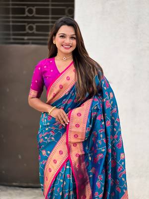 Firozi soft silk blend wevon paithani meenakari ceremonial saree 3
