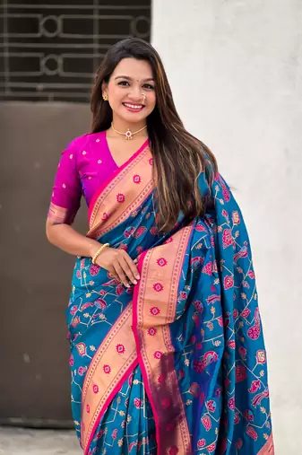 Firozi soft silk blend wevon paithani meenakari ceremonial saree