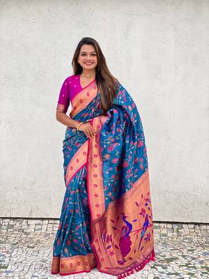 Firozi soft silk blend wevon paithani meenakari ceremonial saree 4