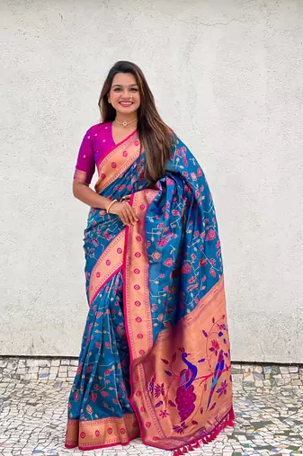 Firozi soft silk blend wevon paithani meenakari ceremonial saree