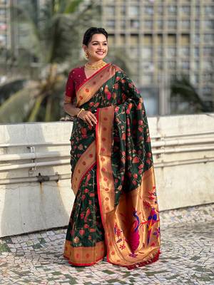 Dark green soft silk blend wevon paithani meenakari ceremonial saree 1