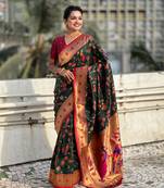 Dark green soft silk blend wevon paithani meenakari ceremonial saree
