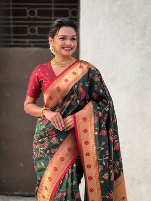 Dark green soft silk blend wevon paithani meenakari ceremonial saree 3