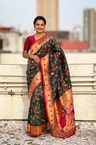 Dark green soft silk blend wevon paithani meenakari ceremonial saree