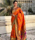Orange soft silk blend wevon paithani meenakari ceremonial saree