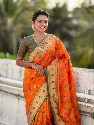 Orange soft silk blend wevon paithani meenakari ceremonial saree 3