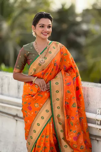 Orange soft silk blend wevon paithani meenakari ceremonial saree