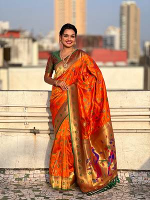 Orange soft silk blend wevon paithani meenakari ceremonial saree 4