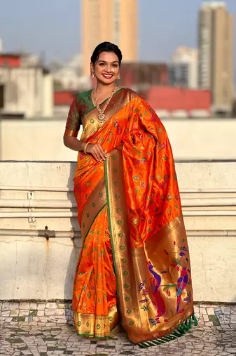 Orange soft silk blend wevon paithani meenakari ceremonial saree