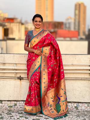 Pink soft silk blend wevon paithani meenakari ceremonial saree 1