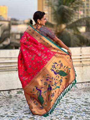 Pink soft silk blend wevon paithani meenakari ceremonial saree 2
