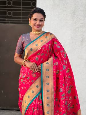 Pink soft silk blend wevon paithani meenakari ceremonial saree 3