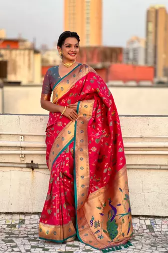 Pink soft silk blend wevon paithani meenakari ceremonial saree