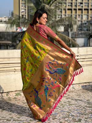 Olive soft silk blend wevon paithani meenakari ceremonial saree 2