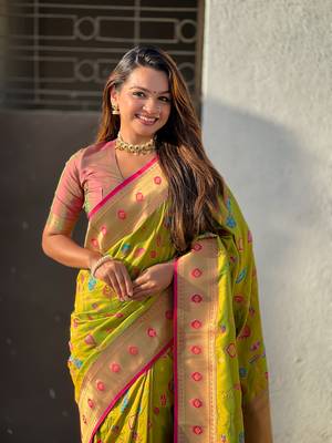 Olive soft silk blend wevon paithani meenakari ceremonial saree 3
