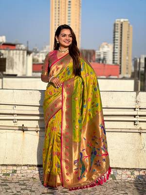 Olive soft silk blend wevon paithani meenakari ceremonial saree 4