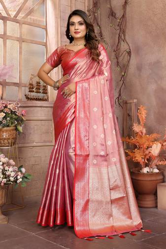 Pink tissue silk ethnic saree with wevon handloom designer